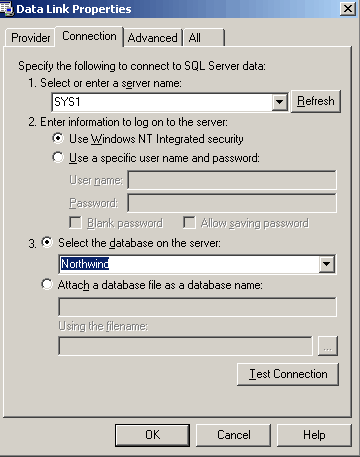 Data Link Properties Dialog