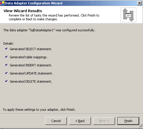 The last screen of Data Adapter Configuration Wizard